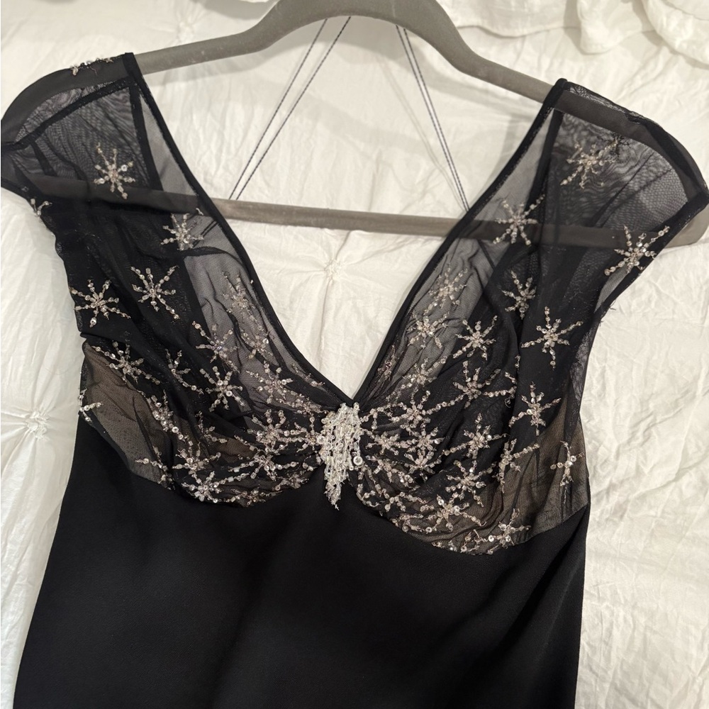 Jackie Rogers Black Maxi Dress with Sheer Embellished Neckline